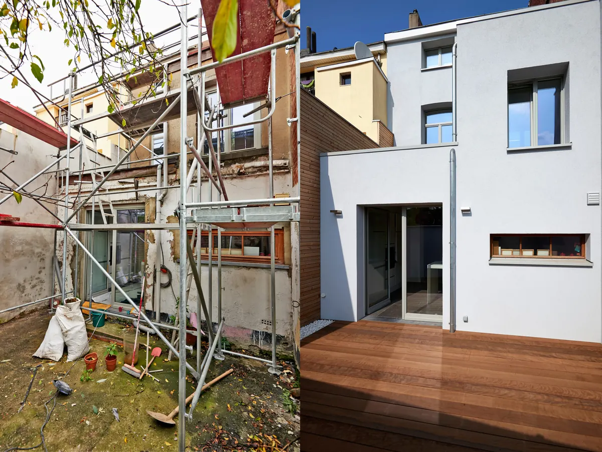 Haus mit Gerüst während und nach dem Umbau